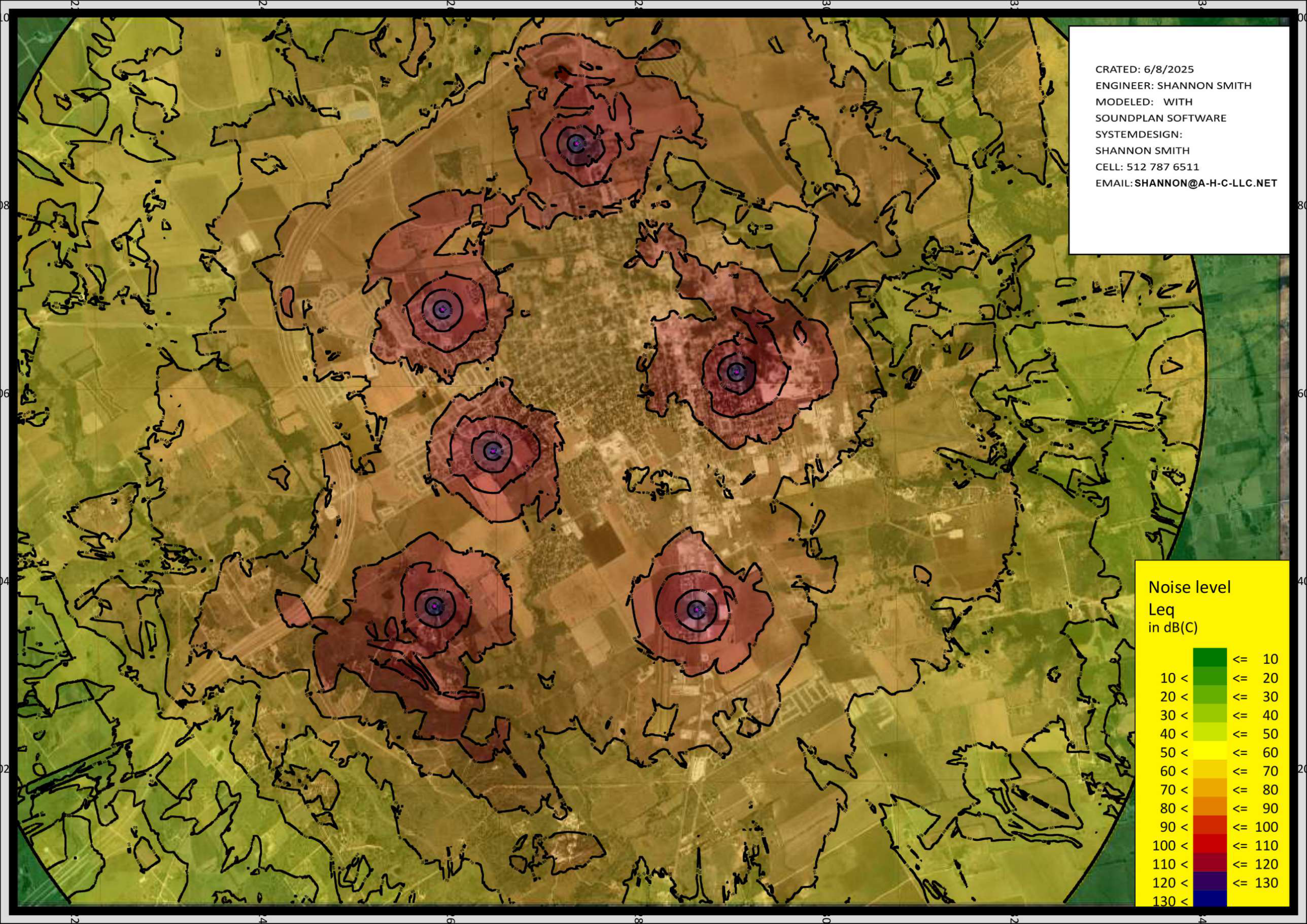 Sound modeling map showing outdoor warning coverage zones