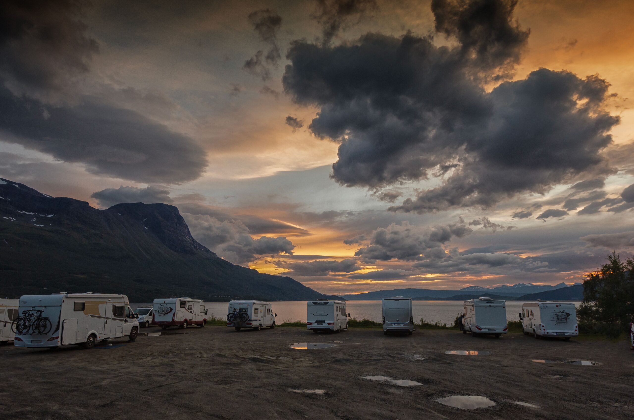 Open-air RV park at dusk